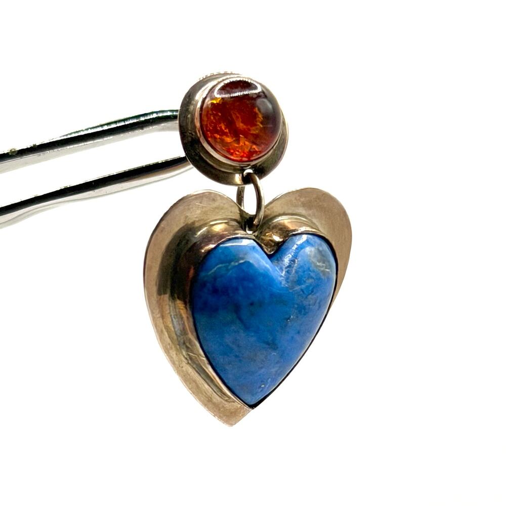 Vintage 90s Jason Livingston Signed Sterling Silver Lapis Amber Heart Earrings - Picture 2 of 8